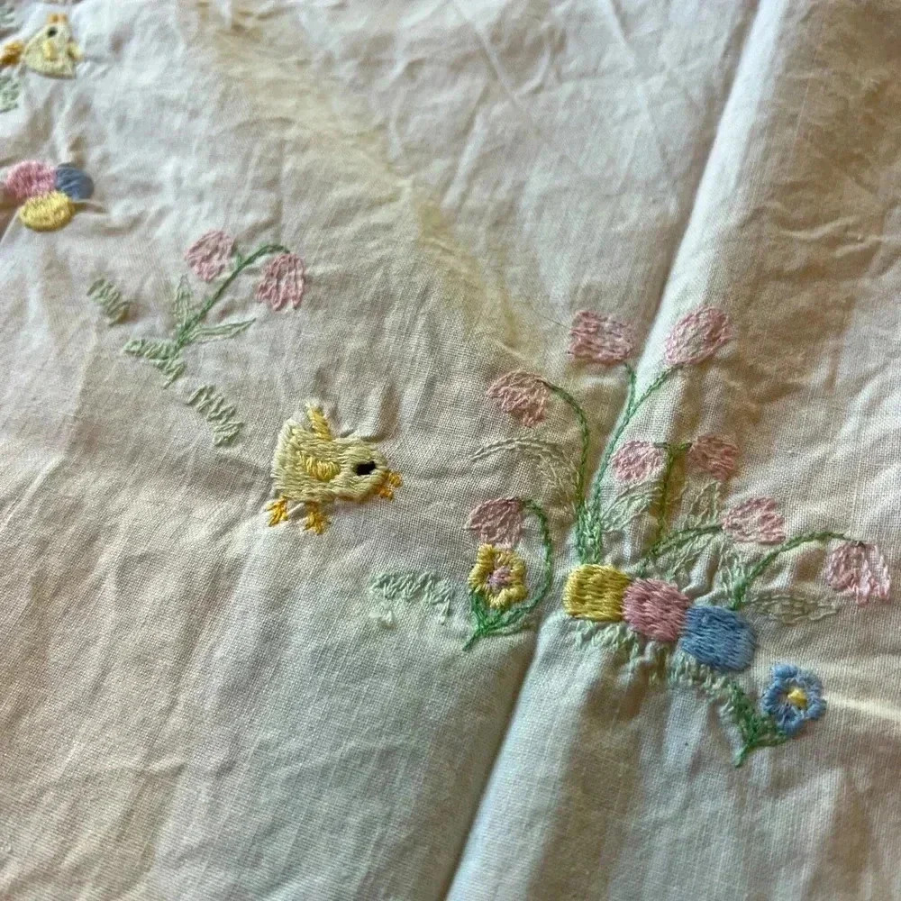 Hand-Embroidered Cotton Tablecloth 31x31 - Easter Chick & Floral Design